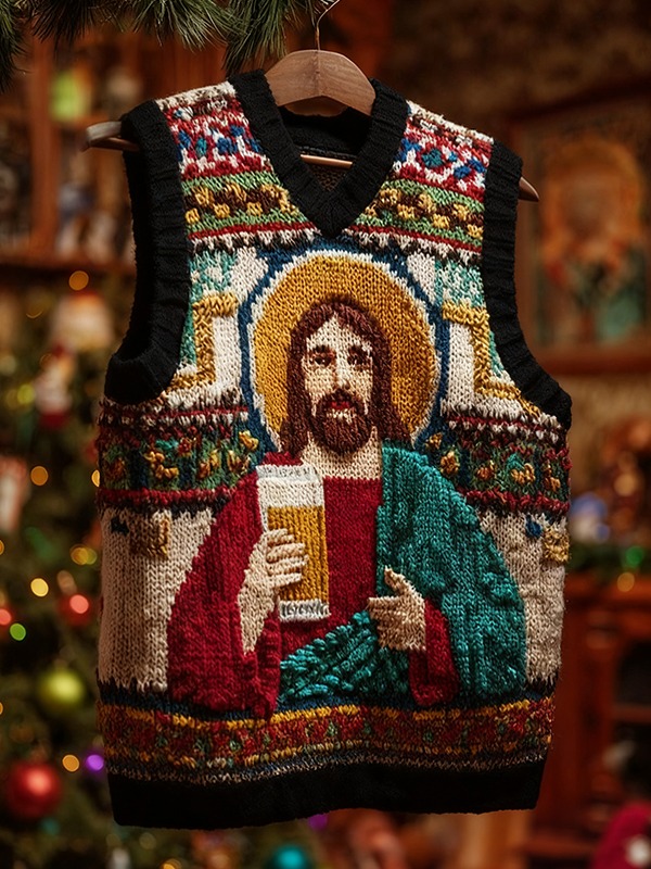 Men's Christmas Vibes Jesus Drinks Beer Print V Neck Knit Vest