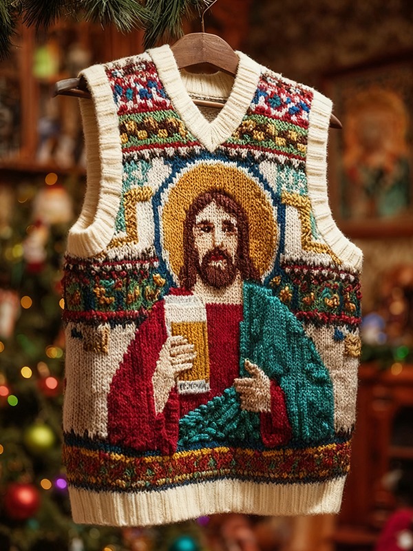 Men's Christmas Vibes Jesus Drinks Beer Print V Neck Knit Vest