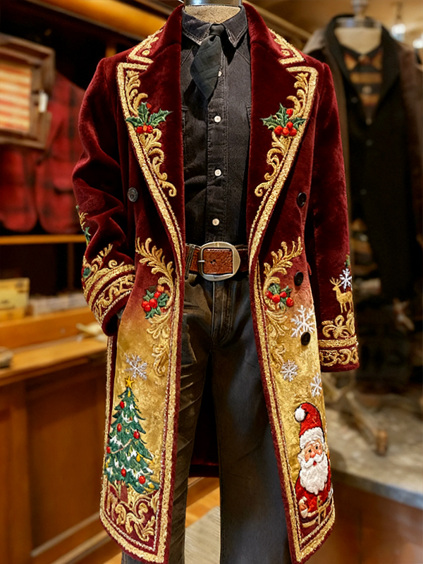 Men's Christmas Tree Pattern Santa Claus Print Corduroy Trench Coat