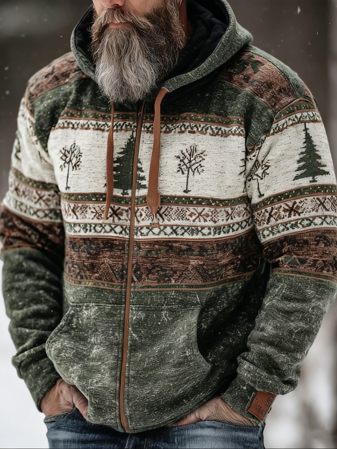 Men's Christmas Tree Geometric Art Print Hooded Zip Up Jacket