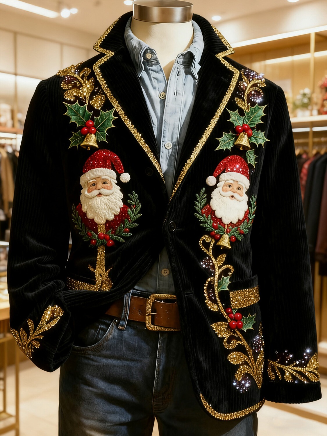 Men's Christmas Bell Holly Santa Claus Print Corduroy Blazer