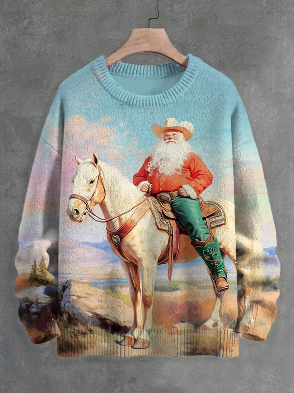 Men's Christmas Desert Cowboy Santa Print Knit Sweatshirt
