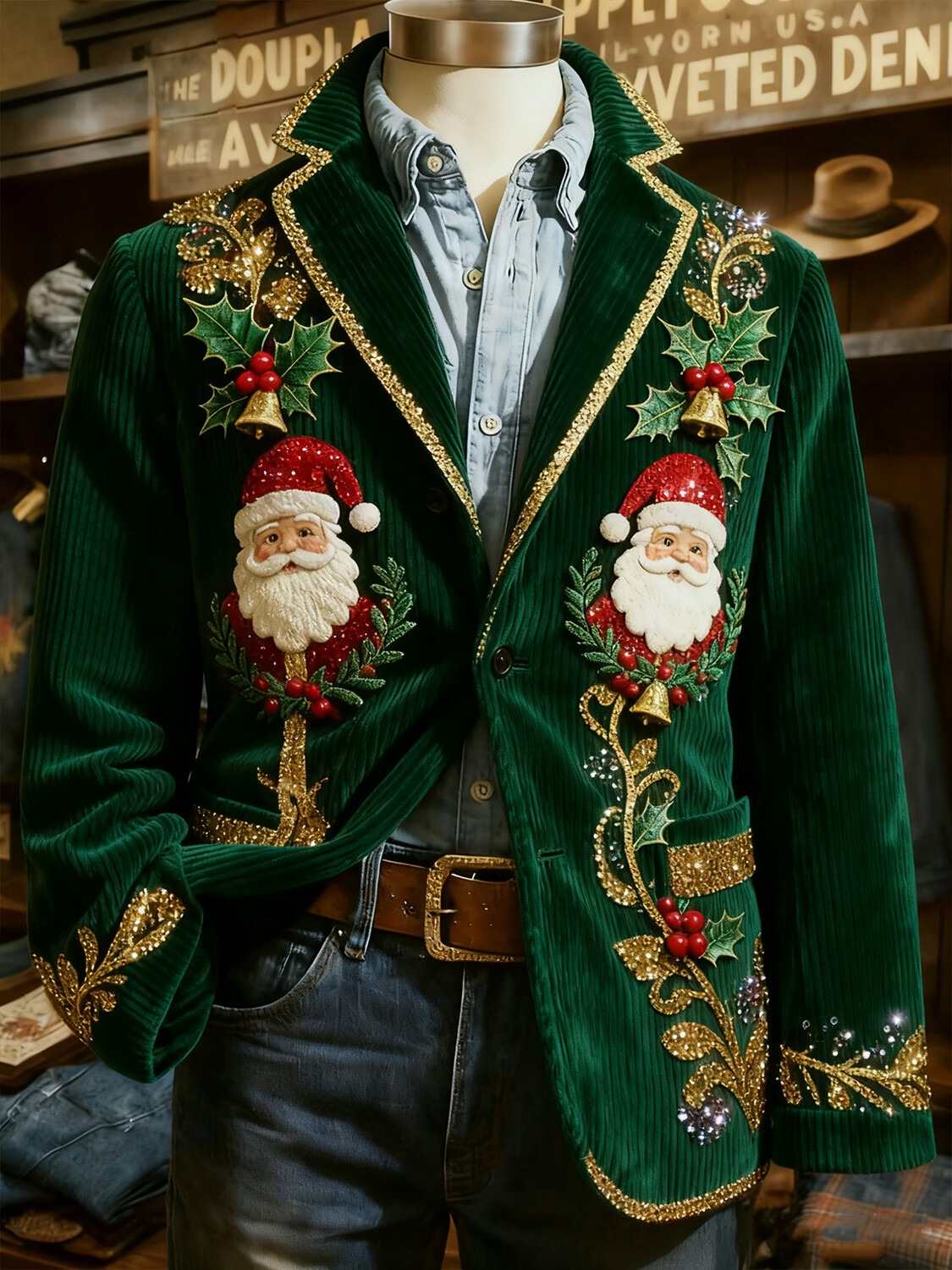 Men's Christmas Bell Holly Santa Claus Print Corduroy Blazer