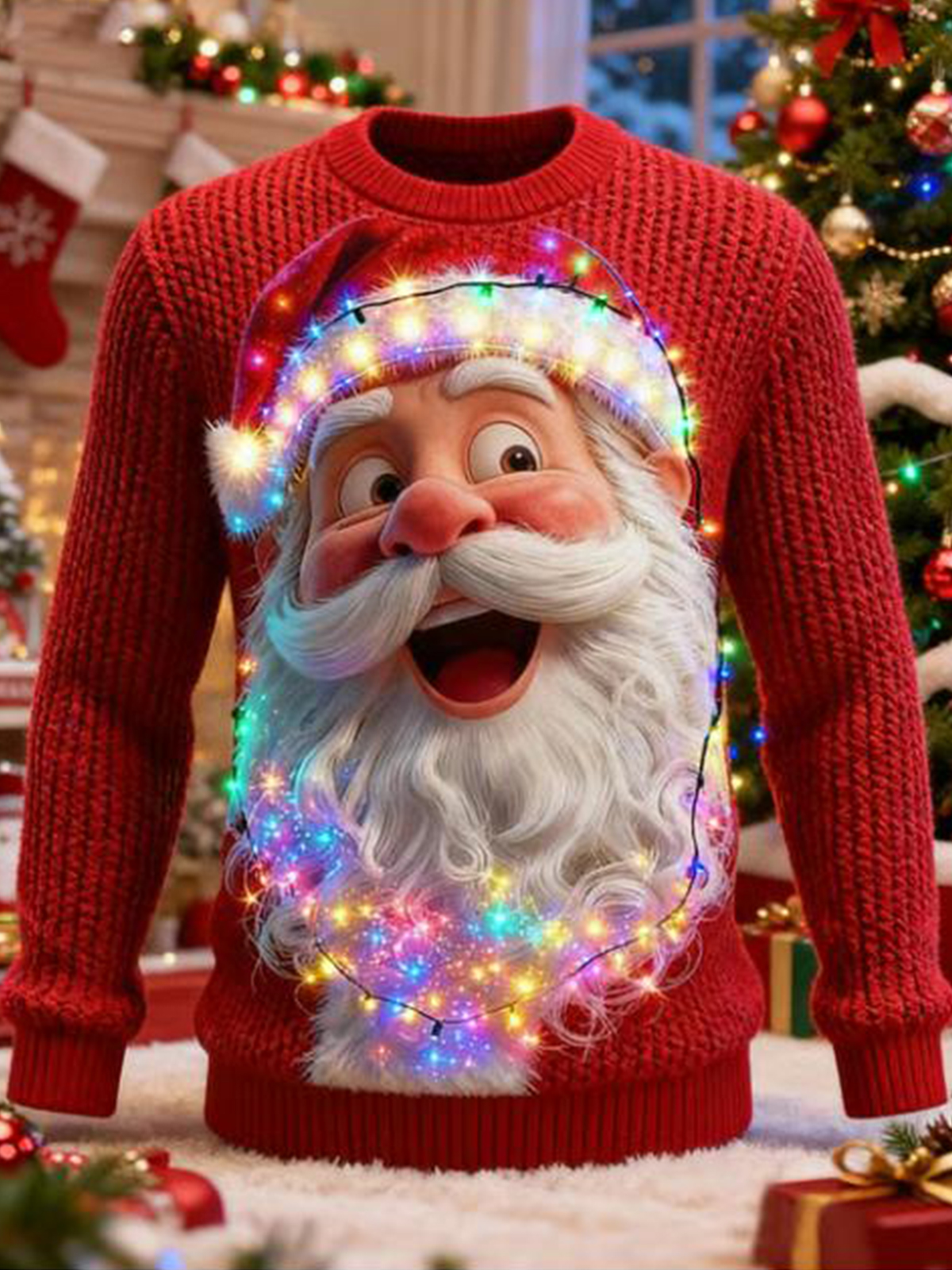 Men's 3D Santa Claus with Colorful LED Lights Print Knit Sweatshirt
