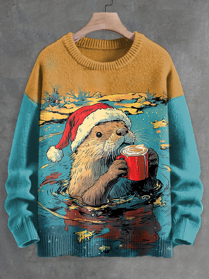 Men's Christmas Otter Drinks Coffee Color Block Art Print Knit Sweatshirt