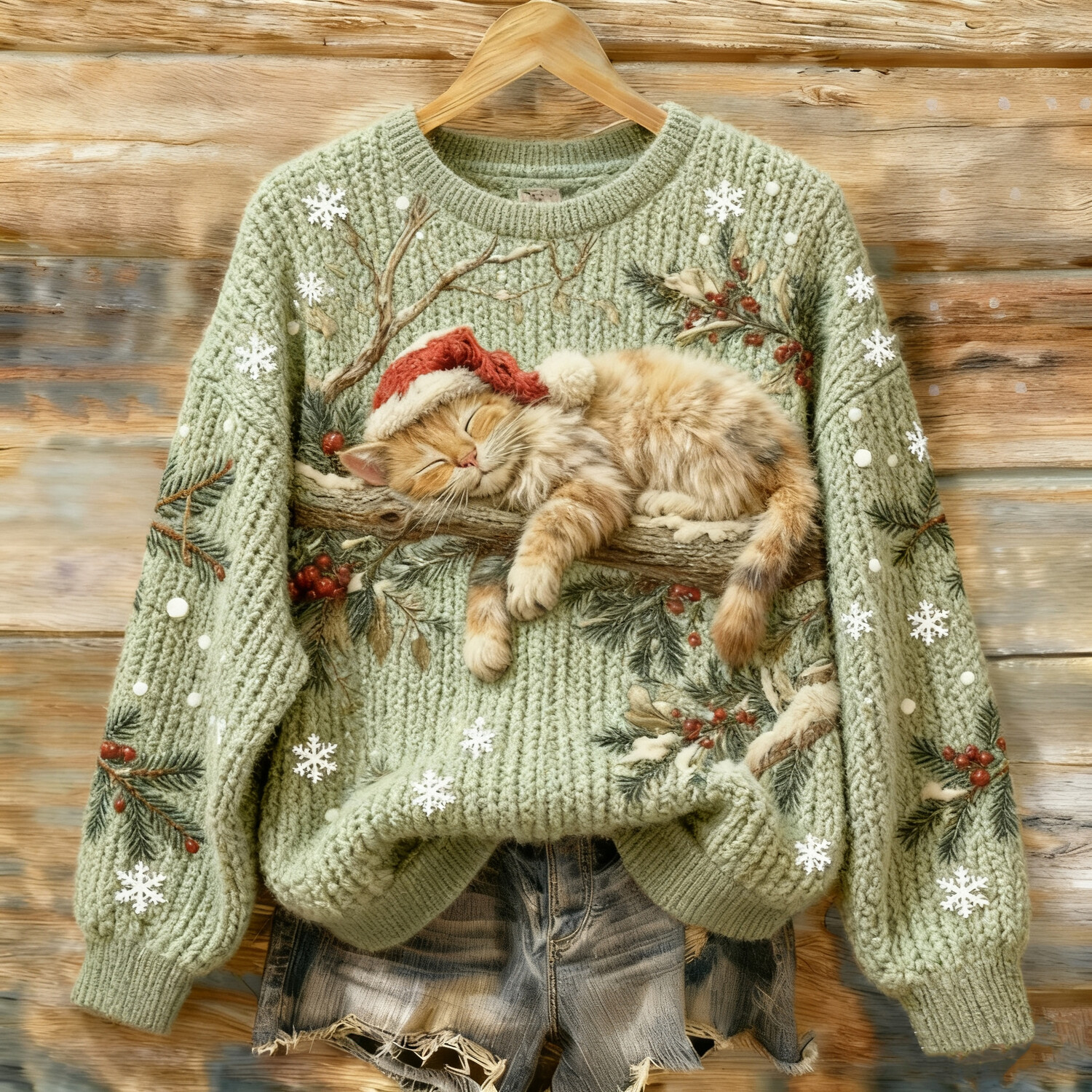 Women's Christmas Sleeping Cat In Santa Hat Floral Print Knit Sweatshirt