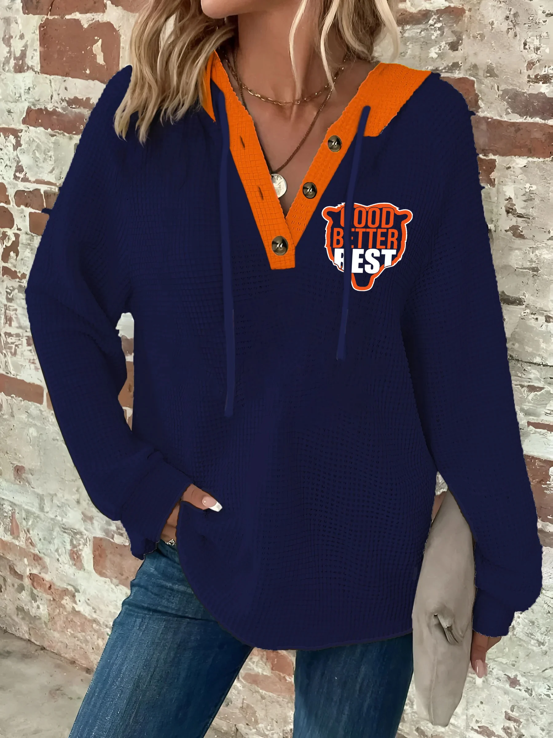 V-Neck Retro Button Drawstring Good Better Best Print Hoodie