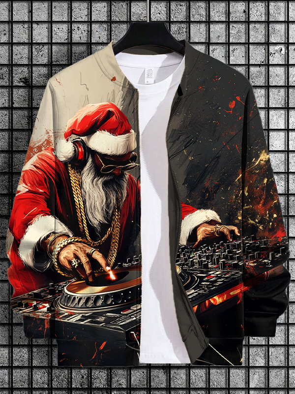 Men's Hip Hop Santa DJ Christmas Print Casual Zip Up Jacket