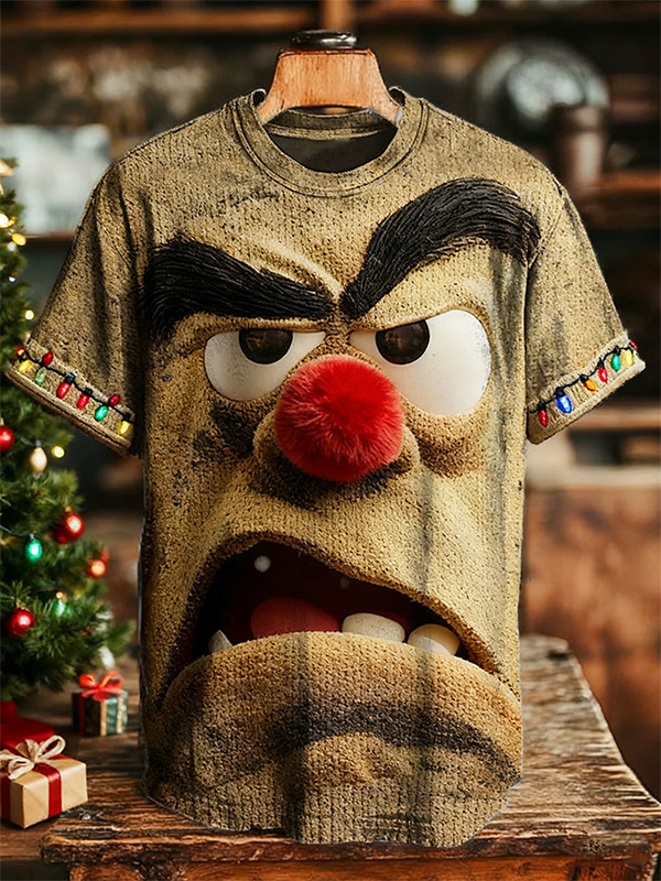 Men'S 3D Angry Cartoon Face And Colorful String Lights Art Print T-Shirt
