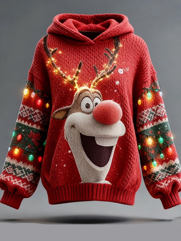 Women's Red-Nosed Reindeer Light-Up Antlers Print Knit Hoodie