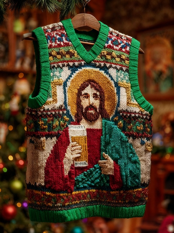 Men's Christmas Vibes Jesus Drinks Beer Print V Neck Knit Vest