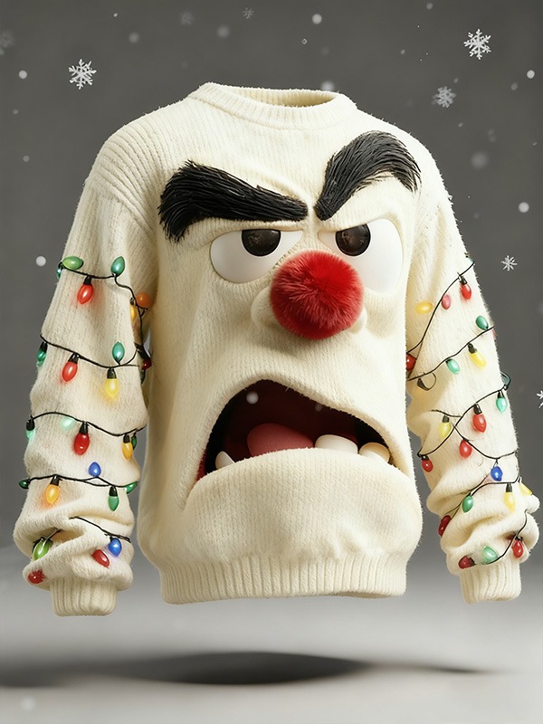 Men'S 3D Angry Cartoon Face And Colorful String Lights  Art Print Casual Flannel Sweatshirt