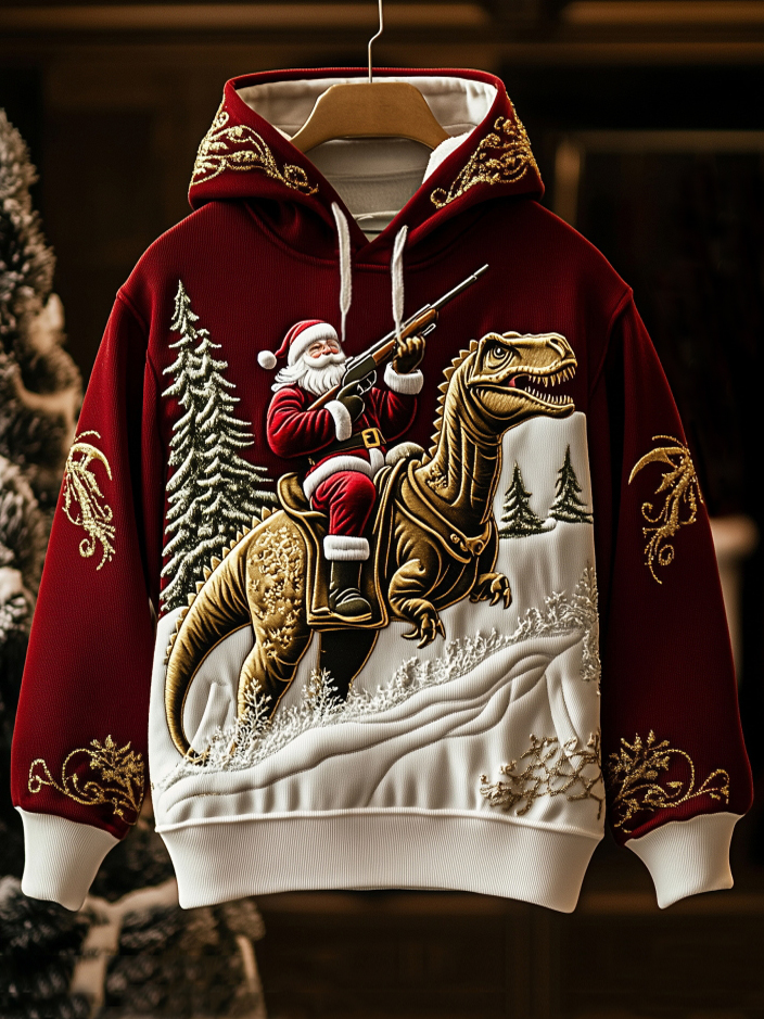 Men's Christmas Santa And Dinosaur Relief Embroidered Print Casual Hoodie