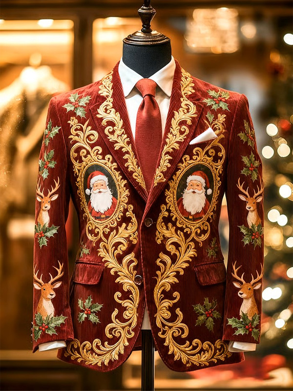 Men's Retro Christmas Santa Claus Deer Holly Print Corduroy Blazer