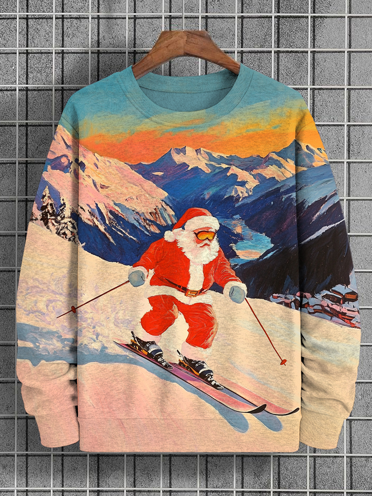 Men's Sunset Santa Skiing Art Print Casual Sweatshirt