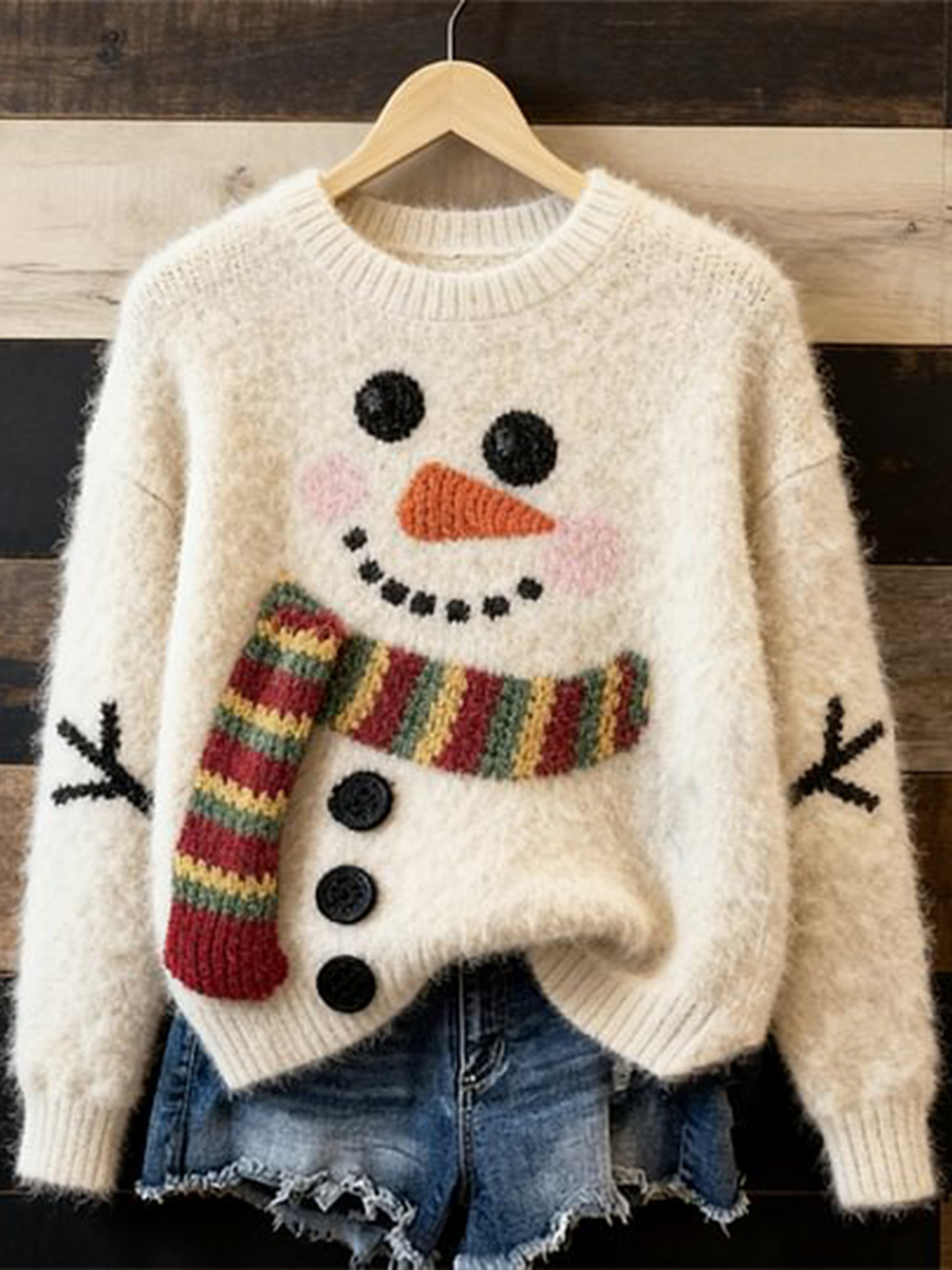 Women's Christmas Snowman Pattern Print Knit Sweatshirt