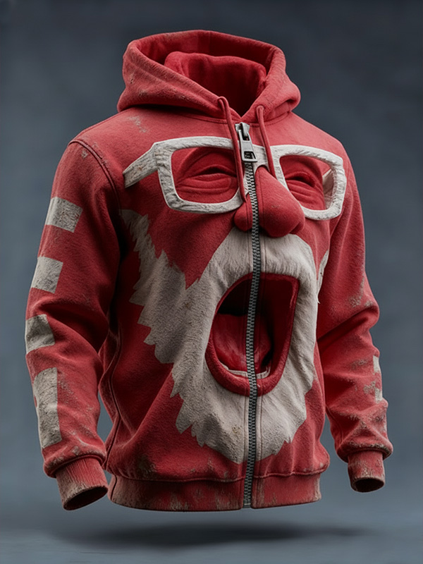 Men'S Exaggerated And Fun Santa Claus Face Print Hooded Zip Up Jacket