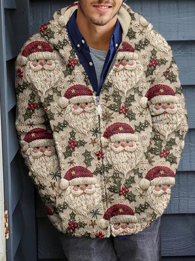 Men's Retro Santa Claus Snowflakes Print Zip Up Knit Hooded Jacket