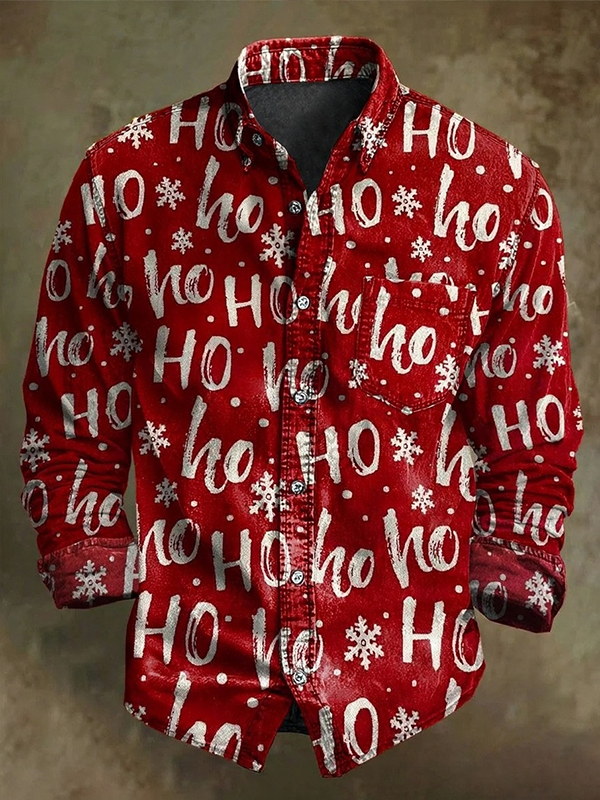 Men's Christmas Hohoho Art Print Long Sleeve Pocket Shirt
