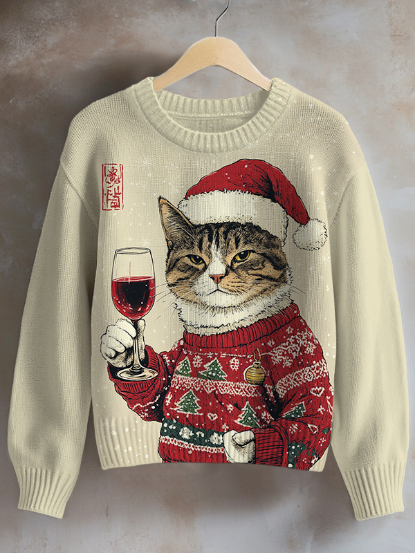 Women's Cat Toast Celebrate Christmas Art Print Knit Sweatshirt