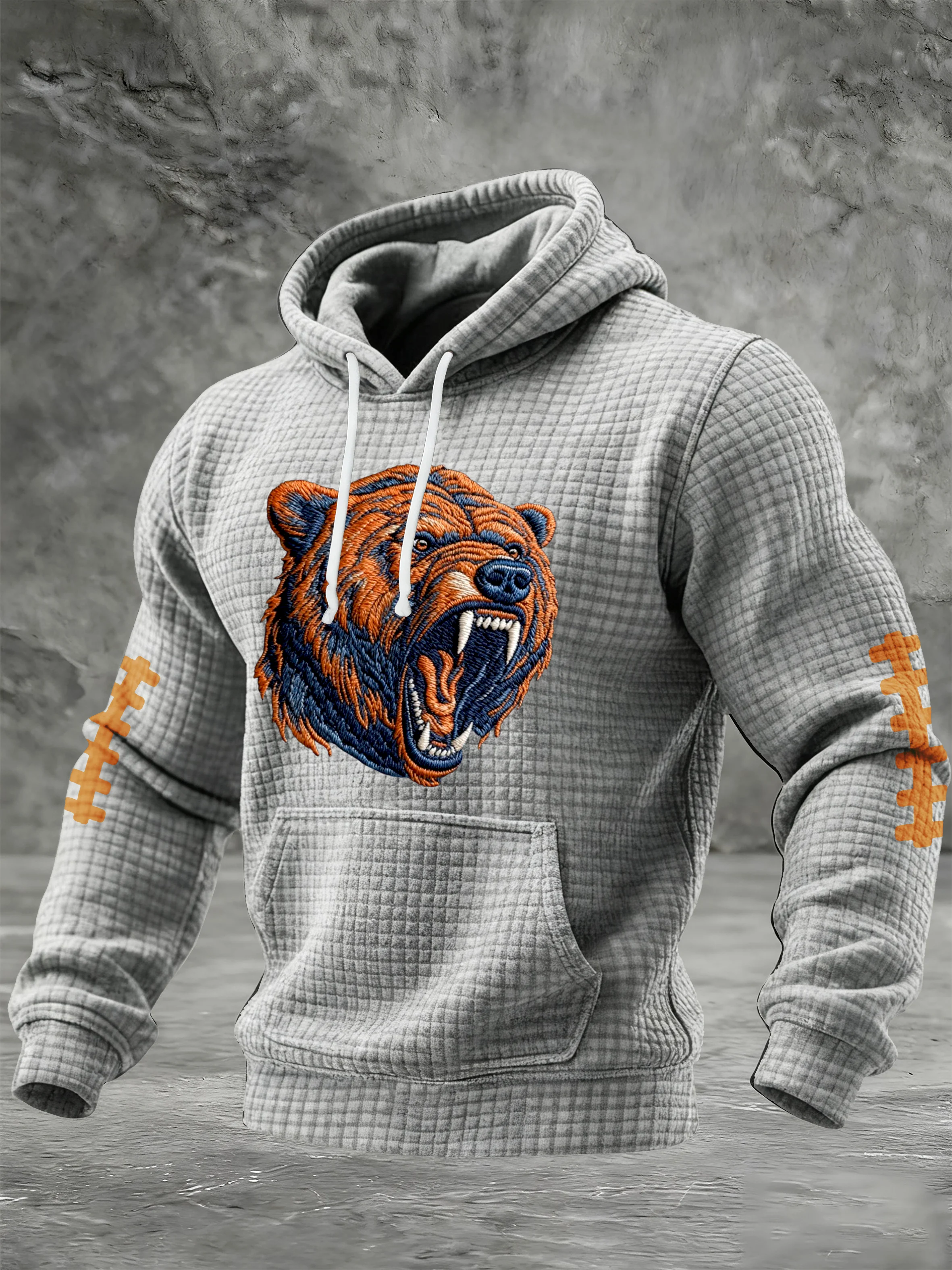 Men's Football Print Checkered Fabric Hooded Sweatshirt