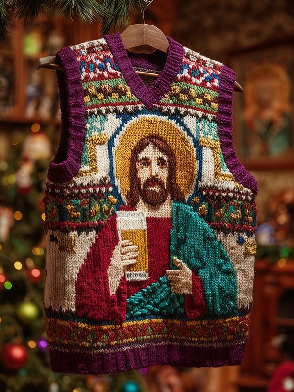Men's Christmas Vibes Jesus Drinks Beer Print V Neck Knit Vest