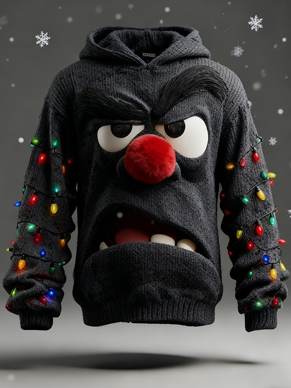 Men's 3D Angry Cartoon Face and Colorful String Lights Print Knit Hoodie