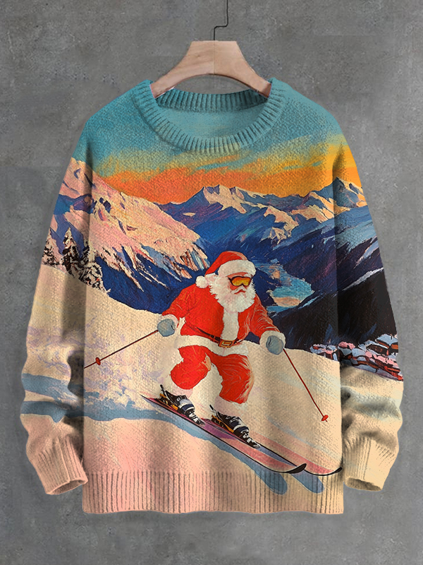 Men's Sunset Santa Skiing Art Print Knit Sweatshirt