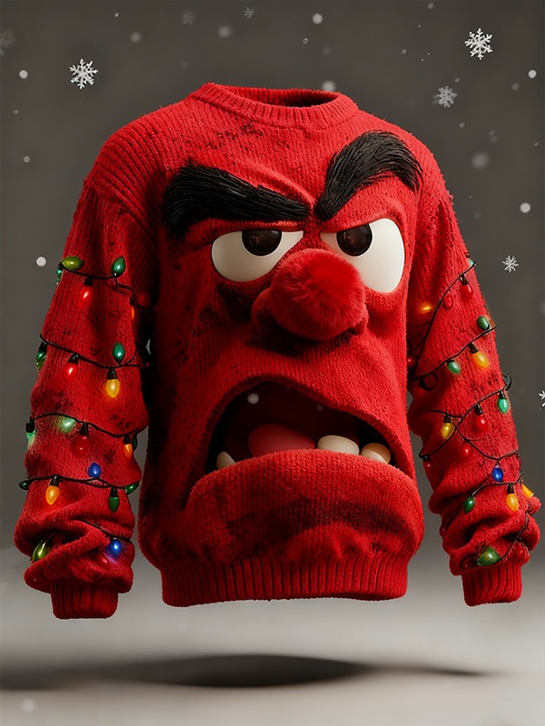Men'S 3D Angry Cartoon Face And Colorful String Lights  Art Print Casual Flannel Sweatshirt