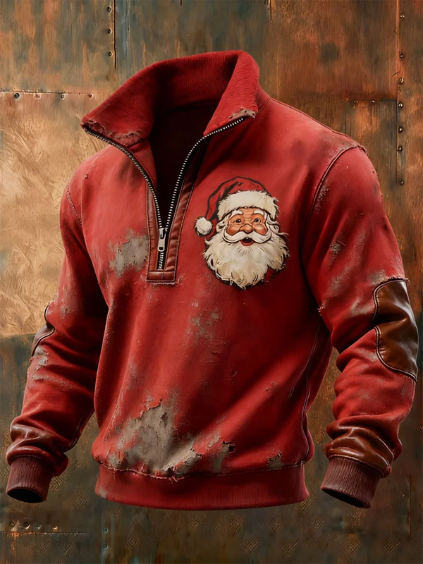 Men's Santa Claus Cartoon Head Distressed Art Print Casual Half Zip Sweatshirt