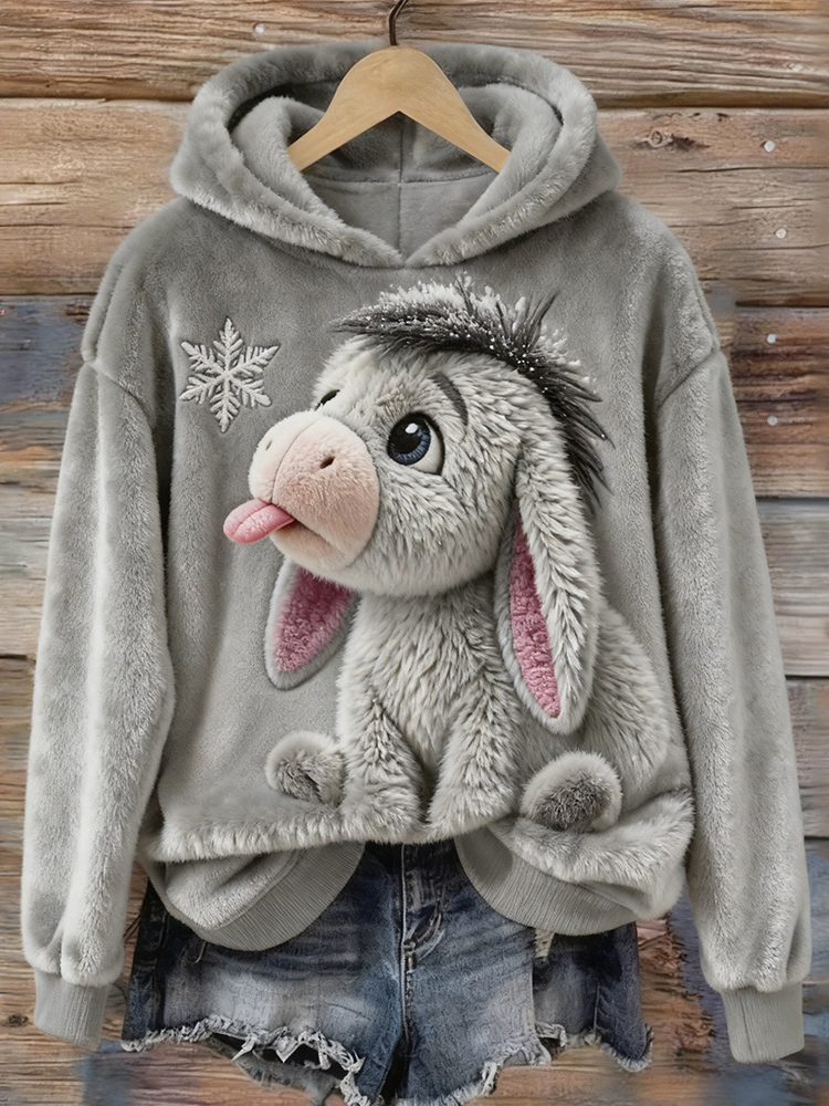 Women's Christmas Playful Donkey Print Flannel Hoodie