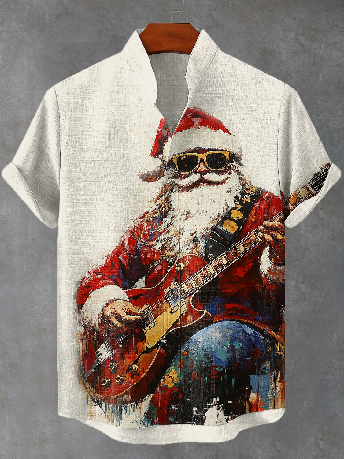 Men's Punk Santa Claus Playing Guitar Oil Painting Print Casual Shirt