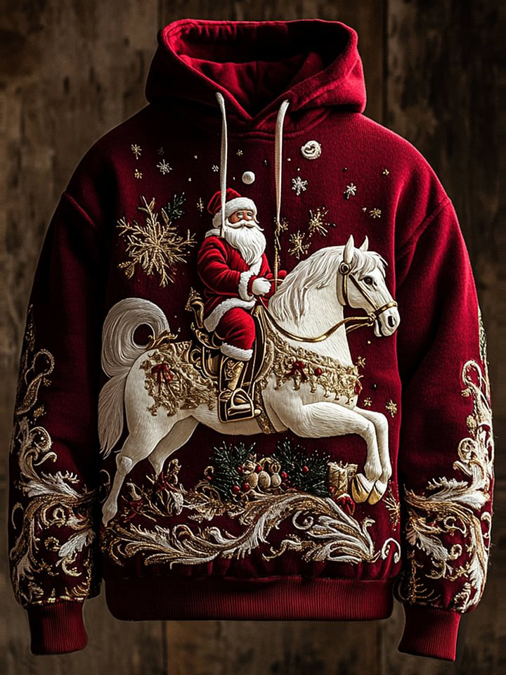 Men's Christmas Holly Snowflakes Santa Horse Print Casual Hoodie