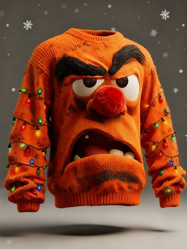 Men'S 3D Angry Cartoon Face And Colorful String Lights  Art Print Casual Flannel Sweatshirt