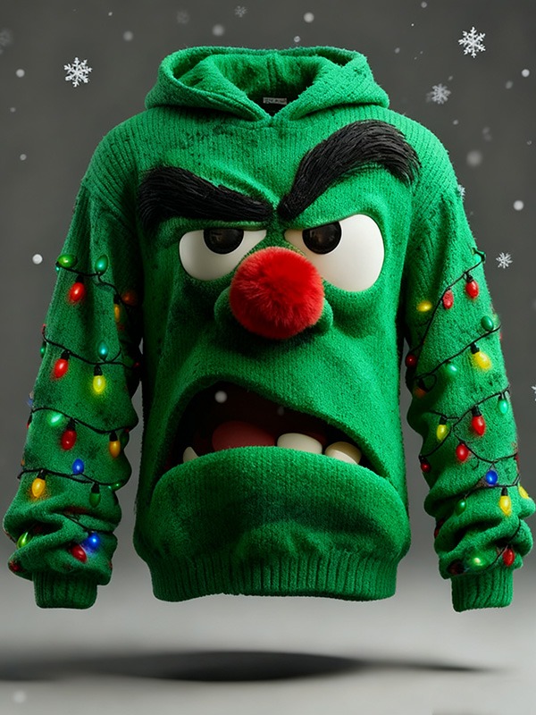 Men's 3D Angry Cartoon Face and Colorful String Lights Print Knit Hoodie