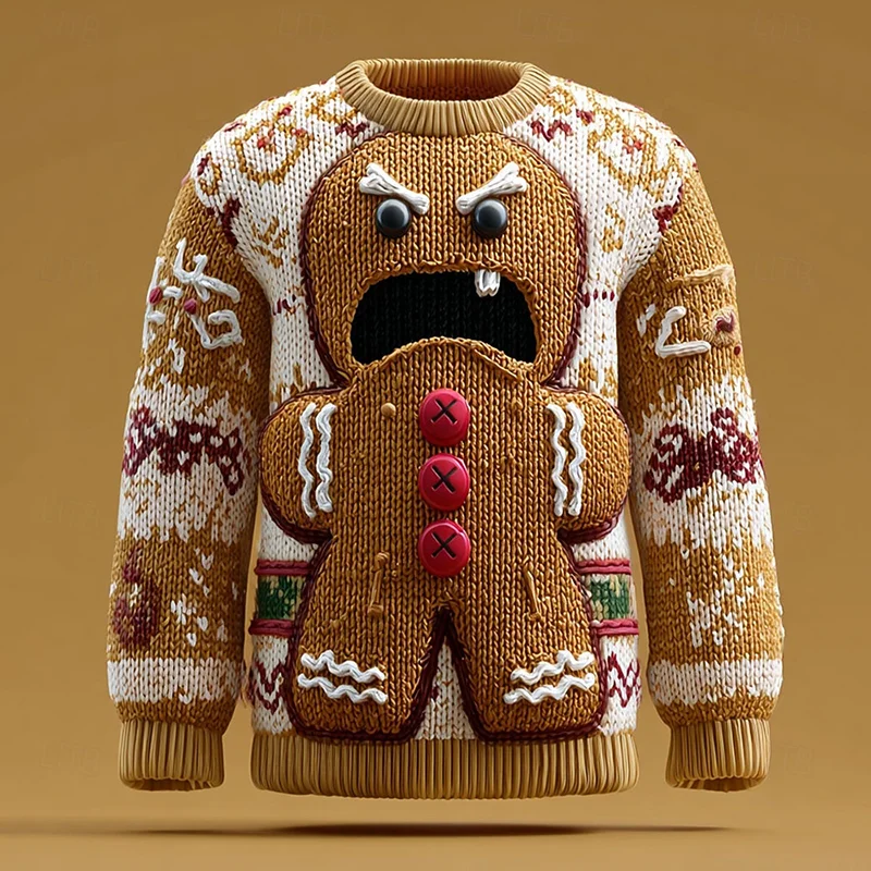 Men's Christmas Angry Gingerbread Man Print Knit Sweatshirt