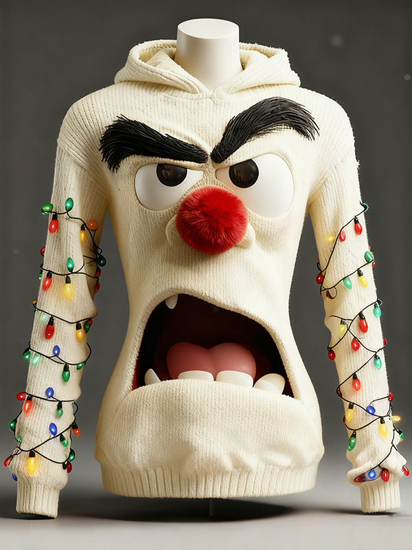 Women's 3D Grumpy Face Ugly Christmas LED String Lights Print Knit Hoodie