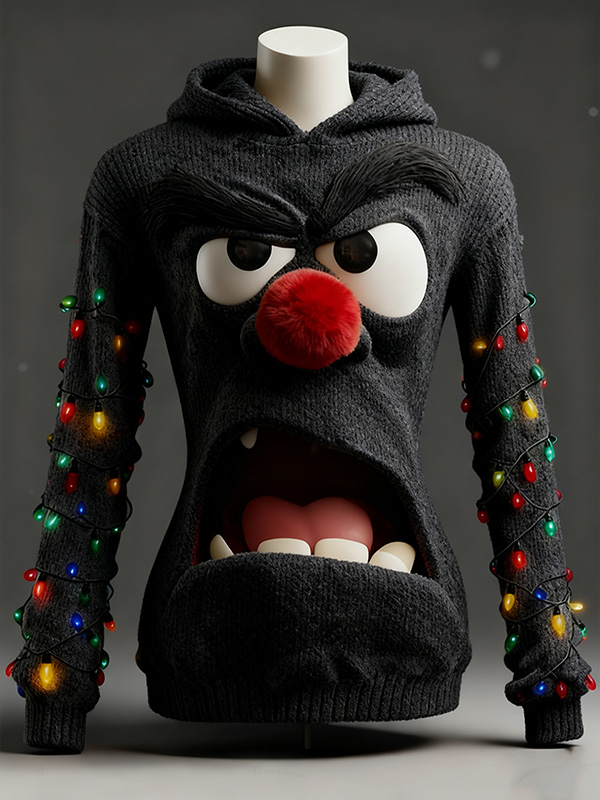 Women's 3D Grumpy Face Ugly Christmas LED String Lights Print Knit Hoodie