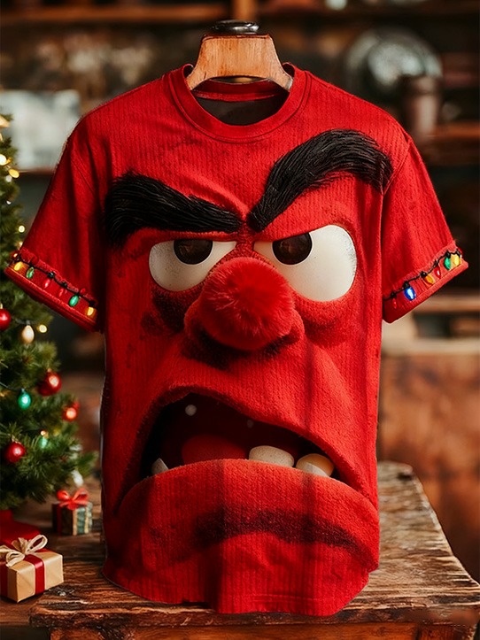 Men'S 3D Angry Cartoon Face And Colorful String Lights Art Print T-Shirt