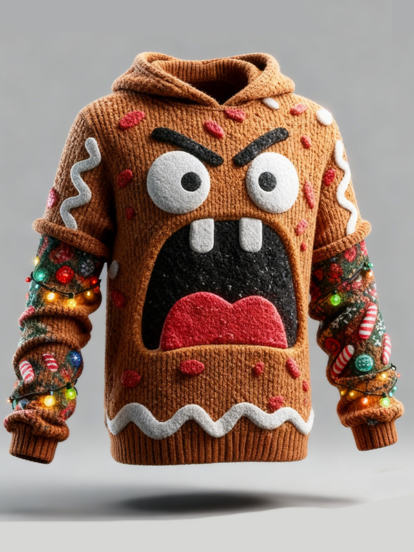 Men's Angry Gingerbread Man Candy Patterns Print Knit Hoodie