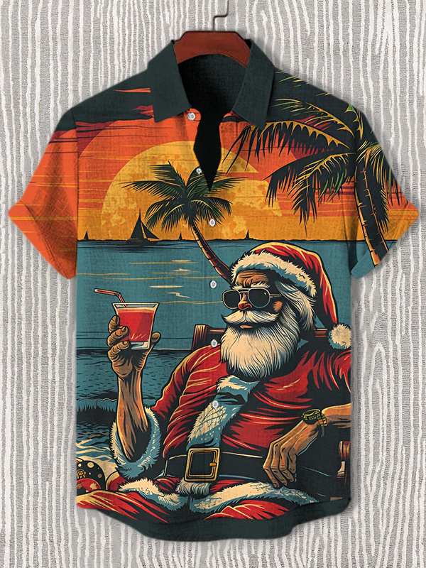 Men's Santa Claus Beach Vacation Wine Art Print Casual Shirt