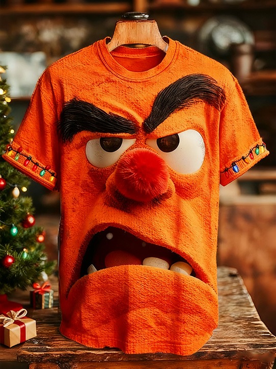 Men'S 3D Angry Cartoon Face And Colorful String Lights Art Print T-Shirt