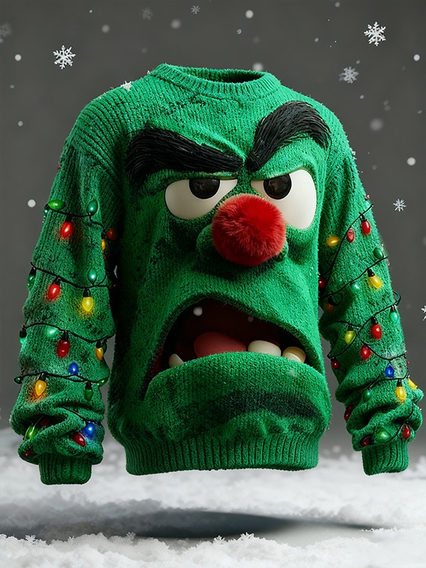 Men'S 3D Angry Cartoon Face And Colorful String Lights  Art Print Casual Flannel Sweatshirt