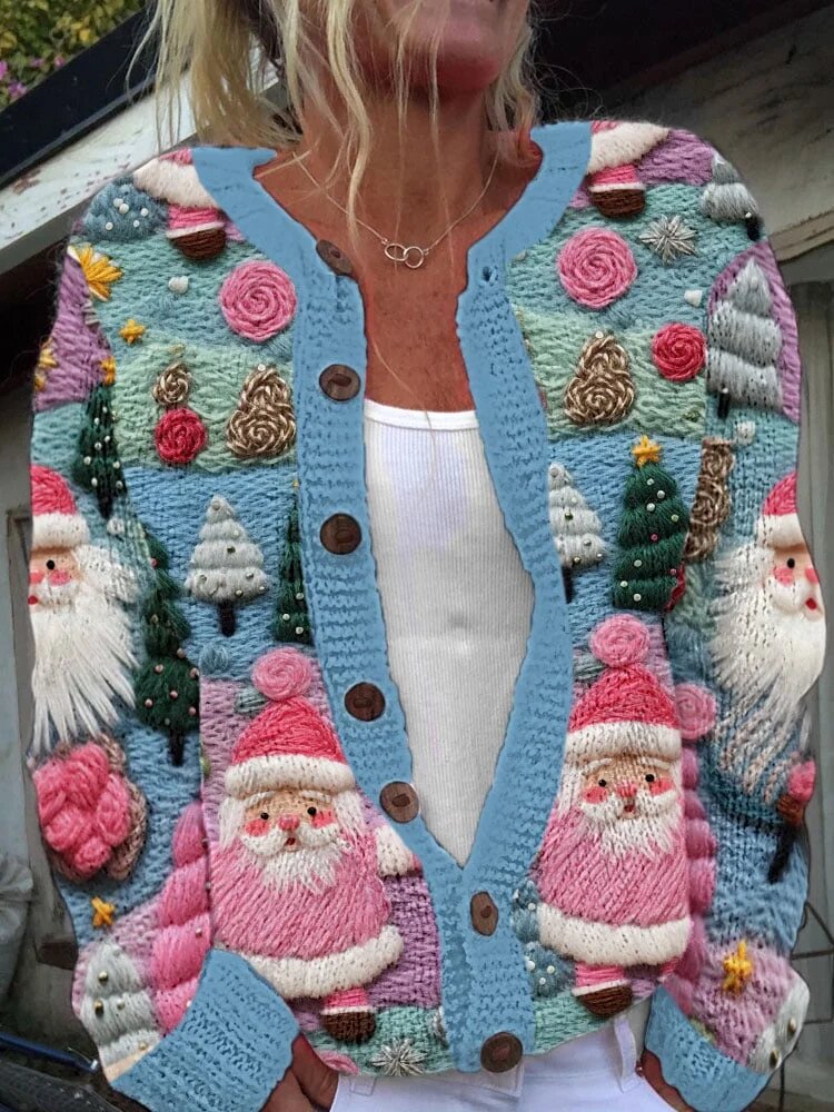 Women's Christmas Tree Santa Art Print Knit Cardigan