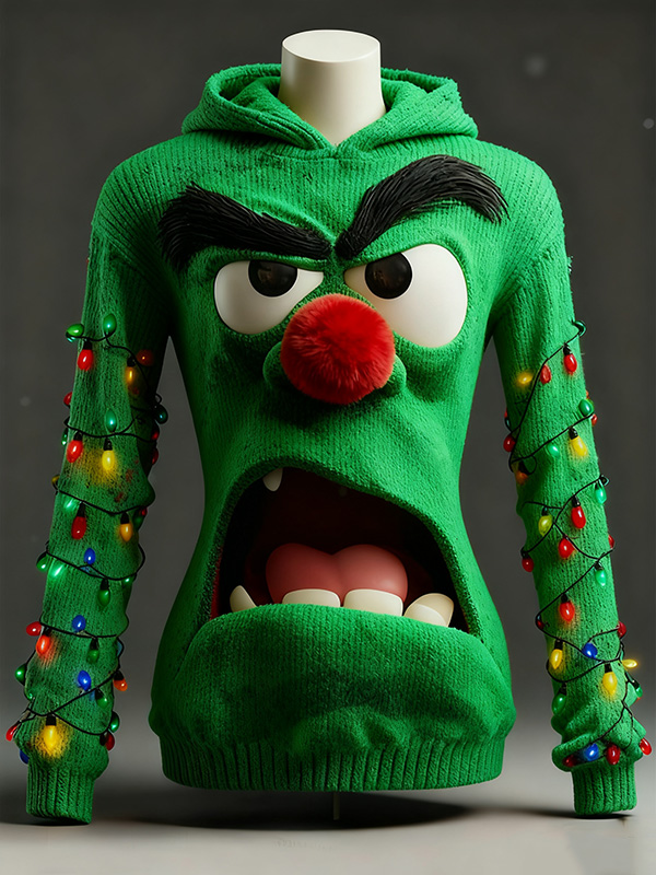Women's 3D Grumpy Face Ugly Christmas LED String Lights Print Knit Hoodie
