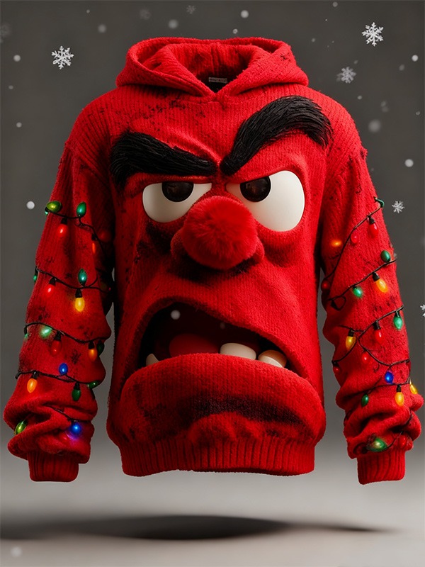 Men's 3D Angry Cartoon Face and Colorful String Lights Print Knit Hoodie