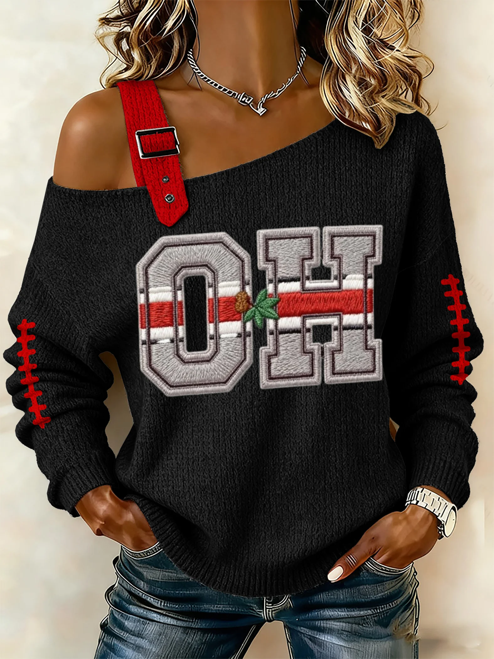 Women's football casual printed off-shoulder knit top