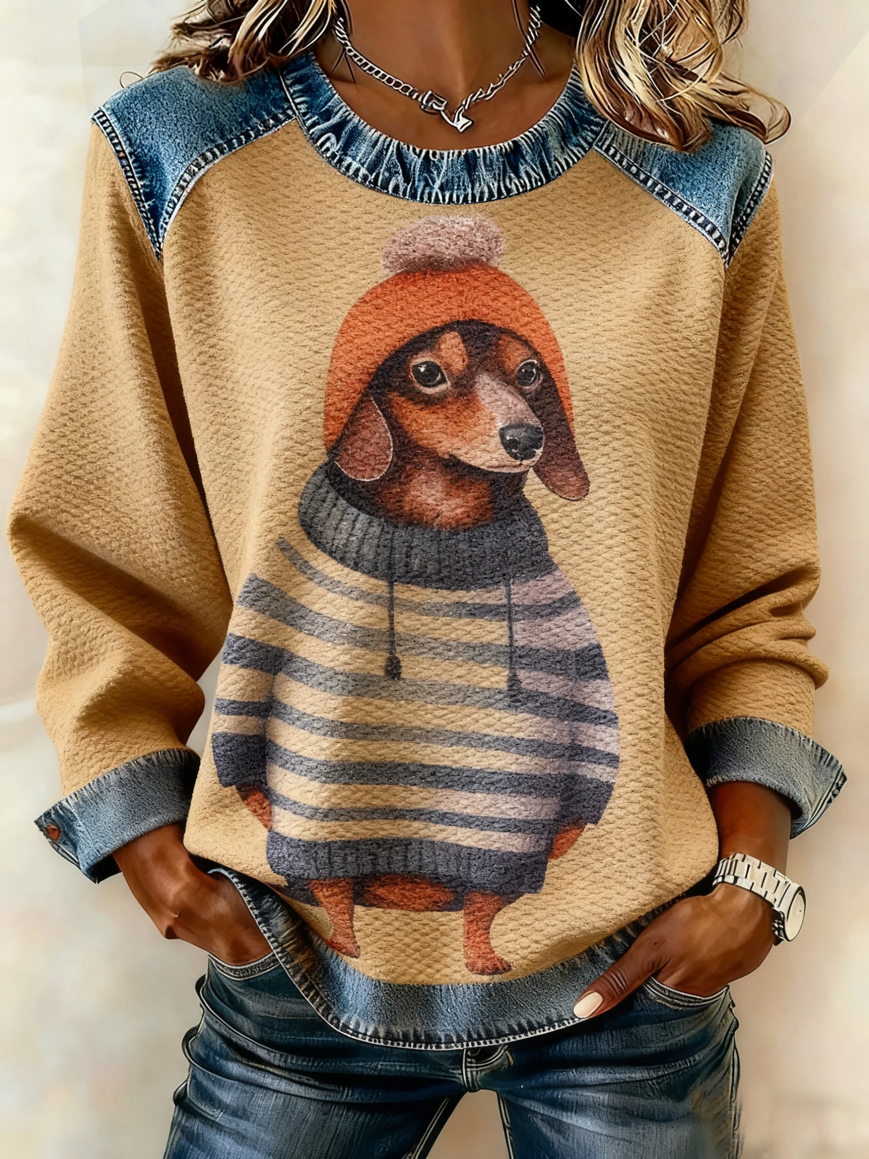 Women's winter retro puppy print round neck top