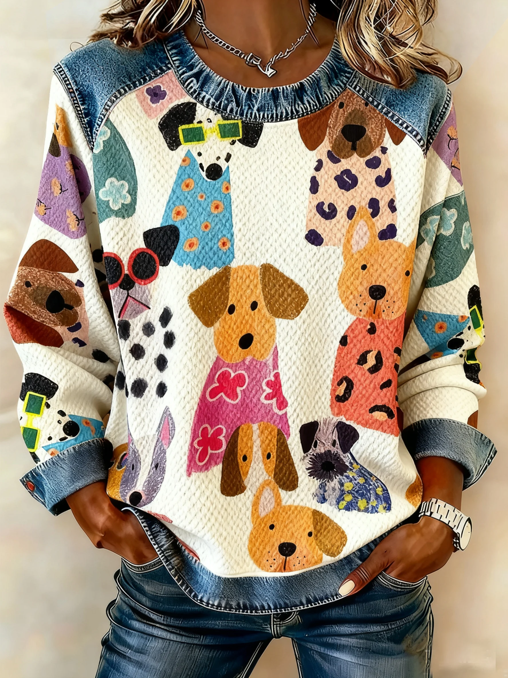 Women's Winter Simple Color Puppy Print Crew Neck Top