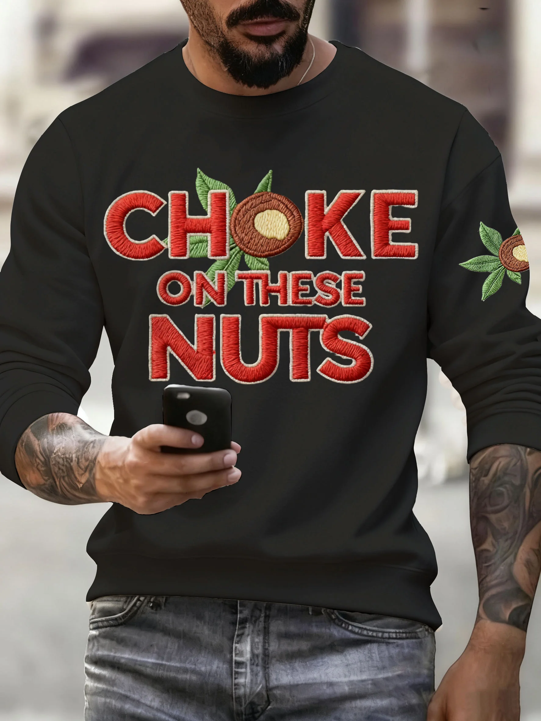 Men's round neck printed long-sleeved top